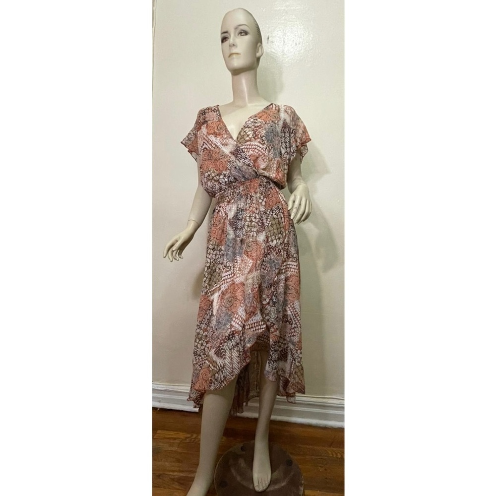 NWOT Chic High Low Wrap Dress in Orange and Brown - Picture 3 of 11